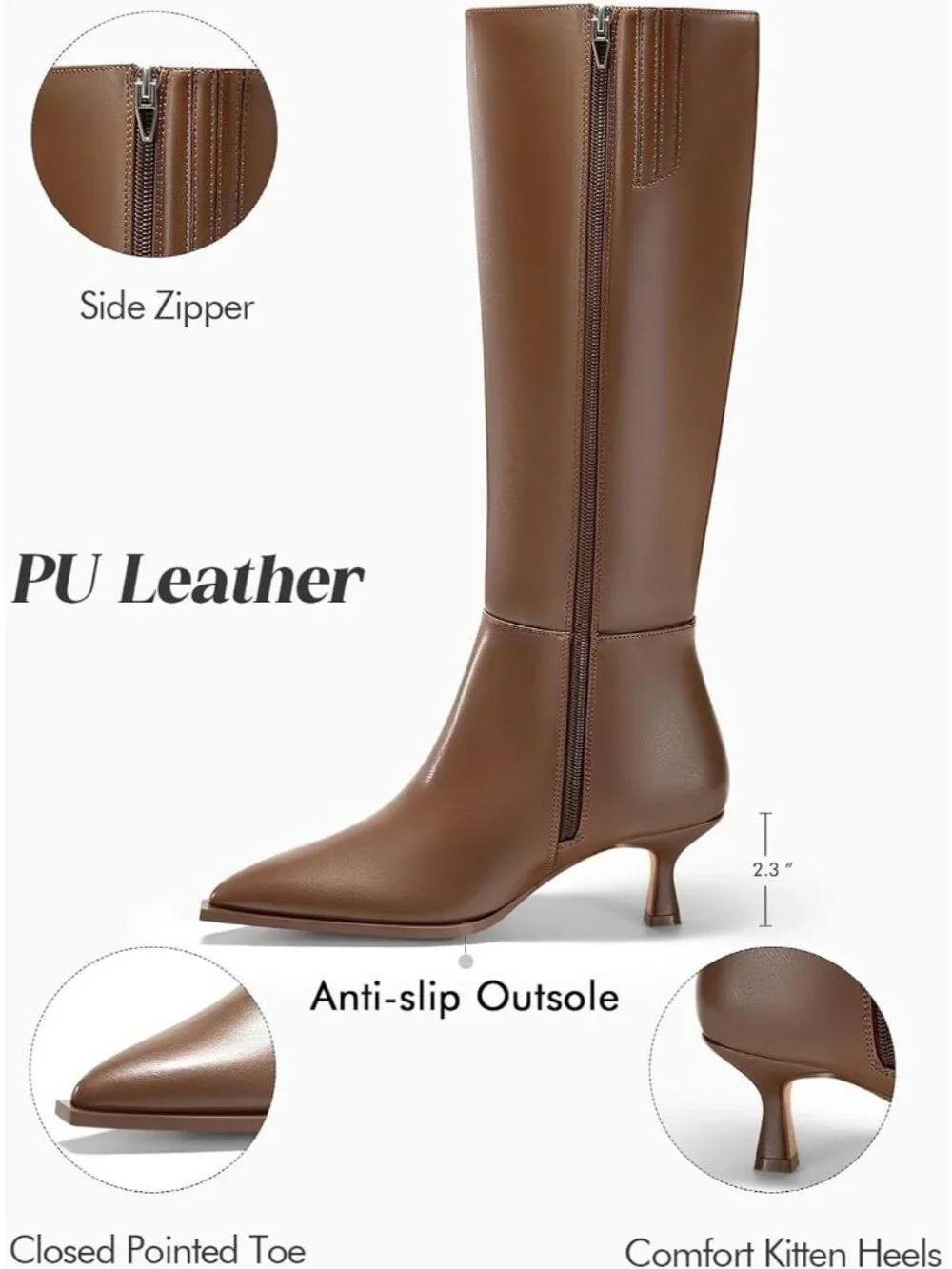 Women's Dark Brown Knee High Boot Kitten Low Heel Pointed Toe Tall Boot Side Zip